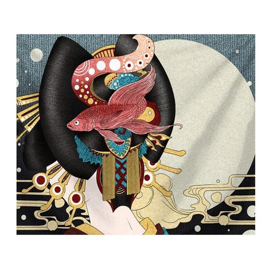 Betta Fighter Fish Geisha Betta Headpiece Ukiyo-e Style Printed Fabric Wall Tapestry. - Castle Dawn AquaticsHome Decor